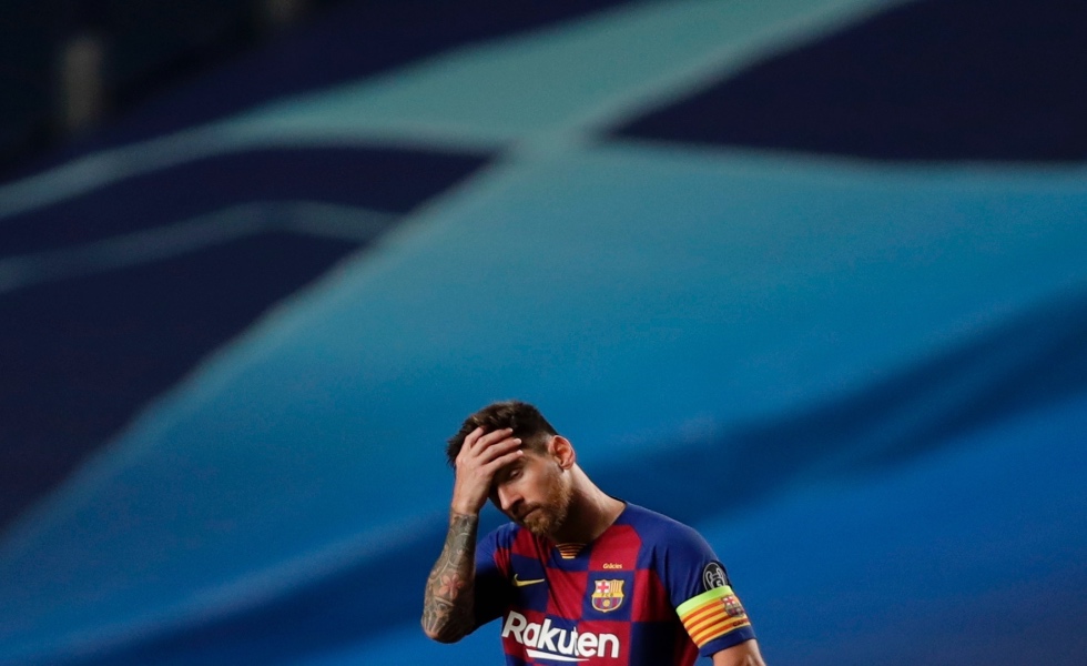 Lisbon (Portugal), 14/08/2020.- (FILE) -Lionel Messi of Barcelona reacts during the UEFA Champions League quarter final match between Barcelona and Bayern Munich in Lisbon, Portugal, 14 August 2020, re-issued 25 August 2020. Messi has sent a certified letter to the club communicating his intentions to leave the club on 25 August. (Liga de Campeones, Lisboa) EFE/EPA/Manu Fernandez / POOL