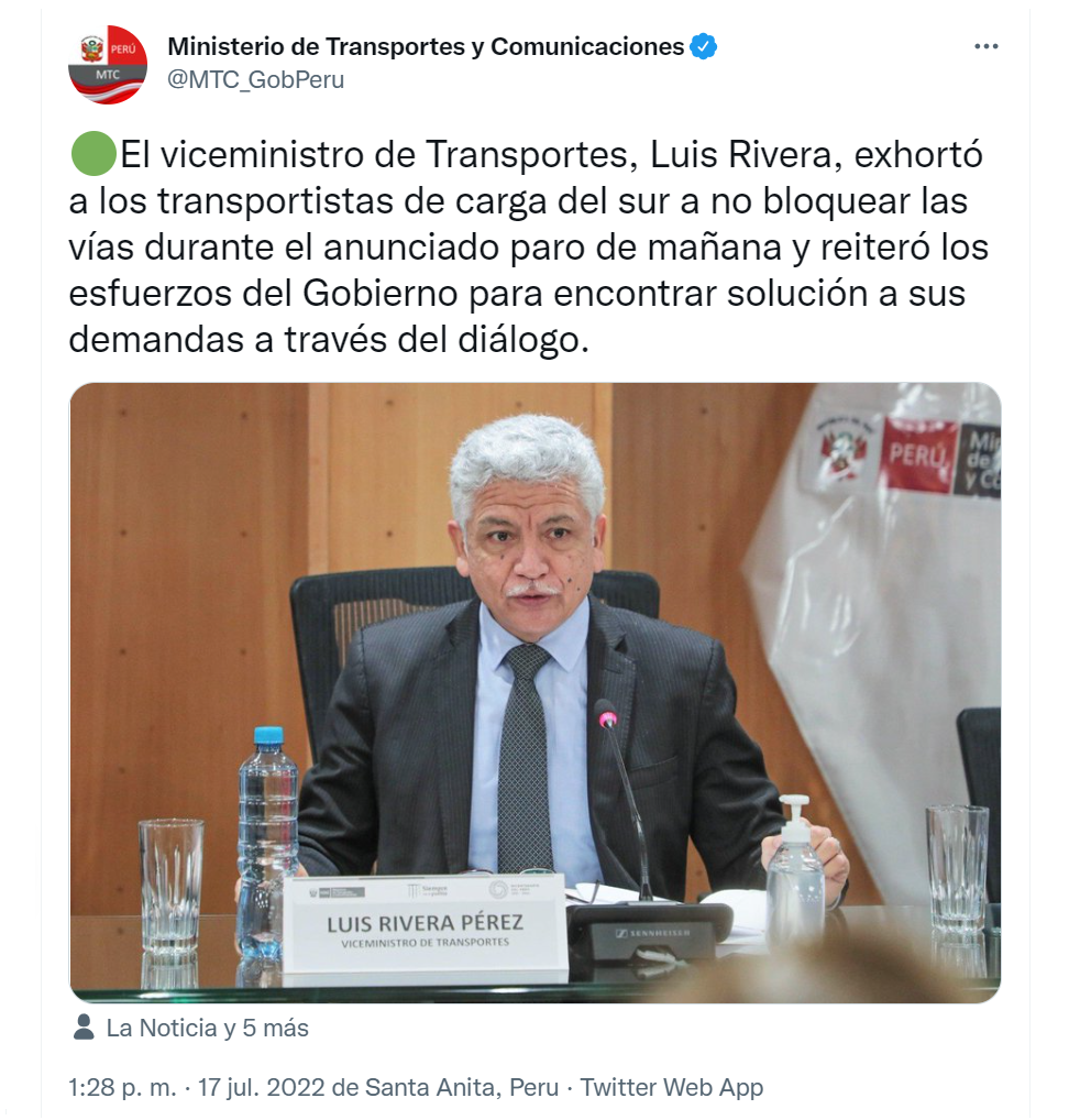 viceministro de Transportes, Luis Rivera sobre nuevo paro de camioneros julio.png