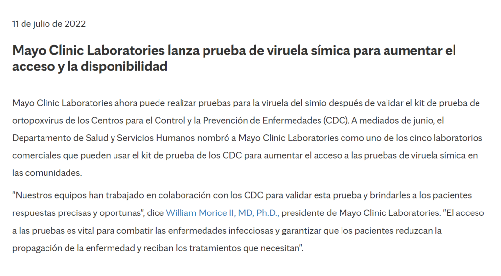 Mayo Clinic Laboratories comunicado viruela del mono